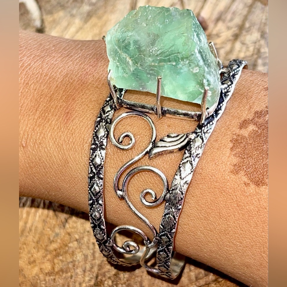 Translucent Green Rough Fluorite Cuff- Adjustable - Picture 4 of 9